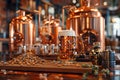 Traditional Craft Brewery with Shiny Copper Kettles and Fresh Pint of Beer Amidst Hops on Wooden Table Royalty Free Stock Photo