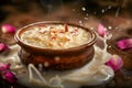 Traditional Creamy Indian Rice Pudding, Kheer with Almonds in a Rustic Earthen Bowl with Milk Splash and Rose Petals