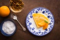 Traditional crepe suzette on wooden table Royalty Free Stock Photo