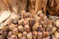 Traditional Cretan handmade olive wood honey dipper objects made of olive wood, souvenir market store.