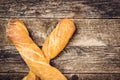 Traditional crusty french baguette bread. French baguettes. Bread on old rustic wooden background