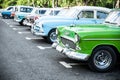 Traditional cuban cars parked in row, retro american oldtimer.