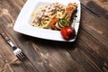 Traditional cuisine concept. Italian spaghetti with chicken and mushrooms