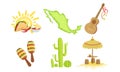 Traditional Cultural Mexico Symbols Set, Maracas, Map, Cactus, Taco, Acoustic Guitar Vector Illustration