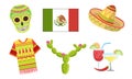 Traditional Cultural Mexico Symbols Set, Sugar Skull, Flag, Sombrero Hat, Cactus Vector Illustration Royalty Free Stock Photo