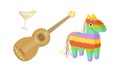Traditional Cultural Symbols of Mexico Set, Pinata, Spanish Guitar and Glass of Tequila Cartoon Vector Illustration