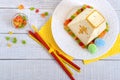 Traditional curd Easter cake with candied fruits on the holiday light background. Royalty Free Stock Photo