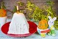 Traditional curd easter cake on festive decorated Easter table