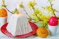 Traditional curd easter cake on festive decorated Easter table