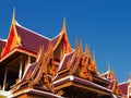 Traditional curved roofs soaring into deep blue sky