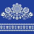 Scandinavian vector folk art pattern with flowers, traditional floral frame or border white design on navy blue