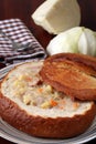 Traditional Czech cabbage soup in a bread bowl