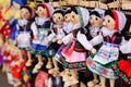Traditional Czech dolls. Tourist souvenirs in the center of Prague. Royalty Free Stock Photo