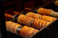 Traditional czech Trdelnik on a showcase in Prague shop Royalty Free Stock Photo