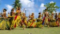 Traditional dance ceremony, Yap Islands, Federated States of Micronesia. Teens dancing in raffia costumes, South Pacific Islands