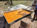 Traditional date palm jaggery making in a big container in Indian rural area. Indian traditional delicious winter food preparing. Royalty Free Stock Photo