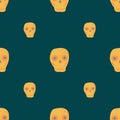 Traditional day of death seamless pattern with skulls orange shapes. Dark turquoise background