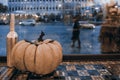 Traditional decoration, halloween holiday symbol, fresh pumpkin, black carved bats, candle, twilight, street window view