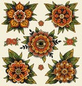 Traditional decorative tattoo flowers. Set of isolated vector illustrations.