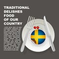 Traditional delicious food of Sweden country poster. European national dessert. Vector illustration cake with national flag of Swe