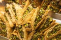 Traditional delicious turkish dessert baklava in the shop window showcase. Different kinds of turkish delights. Popular