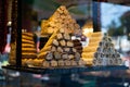 Traditional delicious turkish desserts in the shop window showcase. Different kinds of turkish delights. Popular