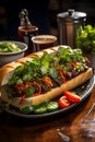 Traditional delicious Vietnamese sandwich banh mi with short baguette and mix of meat and vegetables