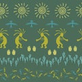 Traditional, design with gecko, Kokopelli fertility god, sun, bird, cacti.
