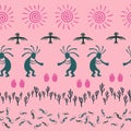 Traditional, design with gecko, Kokopelli fertility god, sun, bird, cacti. Royalty Free Stock Photo