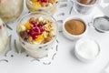 Traditional Dessert,Noah Pudding or Asure in glass bowls on white color metal tray