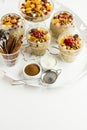 Traditional Dessert,Noah Pudding or Asure in glass bowls on white color metal tray