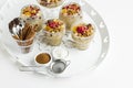Traditional Dessert,Noah Pudding or Asure in glass bowls on white color metal tray