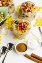 Traditional Dessert,Noah Pudding or Asure in glass on white surface