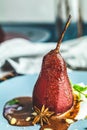 Traditional dessert pears stewed in red wine with chocolate sauce Royalty Free Stock Photo