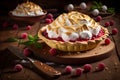 traditional dessert raspberry tyrolean pie with meringue on wooden table