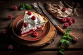 traditional dessert raspberry tyrolean pie with meringue on wooden table