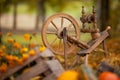 Traditional devices, vintage tailoring equipment concept. Old fashioned wooden distaff, spindle, spinning wheel. Old fashioned Royalty Free Stock Photo