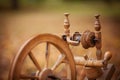 Traditional devices, vintage tailoring equipment concept. Old fashioned wooden distaff, spindle, spinning wheel. Old fashioned Royalty Free Stock Photo