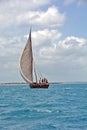 A traditional Dhow sailing in the Indian Ocean, close to the coast of the island of Zanzibar Royalty Free Stock Photo