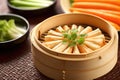 traditional dim sum bamboo steamer, filled with carrots Royalty Free Stock Photo