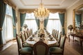 Traditional Dining Room With Formal Table Setting And Chandelier Traditional Interior Design. Generative AI