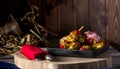 Traditional dinner in a country house. Meat with vegetables and bread. Hearty and tasty dish.Menu background for cafe and