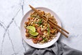 Traditional dish of asian cuisine is pad thai. Udon noodles with shrimps and fried tofu Royalty Free Stock Photo