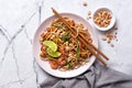 Traditional dish of asian cuisine is pad thai. Udon noodles with shrimps and fried tofu Royalty Free Stock Photo