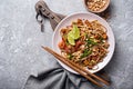 Traditional dish of asian cuisine is pad thai. Udon noodles with shrimps and fried tofu Royalty Free Stock Photo