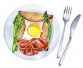 Traditional dish galette. Crepes with eggs, prosciutto and asparagus
