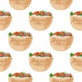 Traditional dish of Jewish cuisine Falafel pita sandwich. Vegetarian food. Meal background. Seamless pattern.