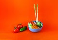 Traditional dish of Korean cuisine. Bibimbap with beef, vegetables and egg on coral background. Top view. Royalty Free Stock Photo