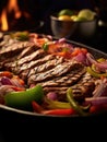 Traditional Dish of Mexico Steak Fajitas on a Plate on Selective Focus Background