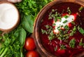 A traditional dish of Russian and Ukrainian cuisine - borsch. Soup from young beets, cabbage and potatoes. Served with Royalty Free Stock Photo